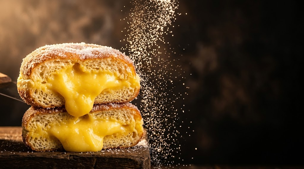 Bola de Berlim aberta, com creme a transbordar e açúcar a cair