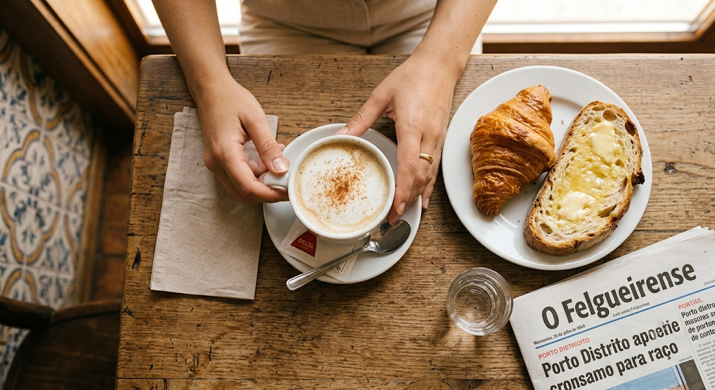 Meia de leite com croissant e pão com manteiga, vista de cima