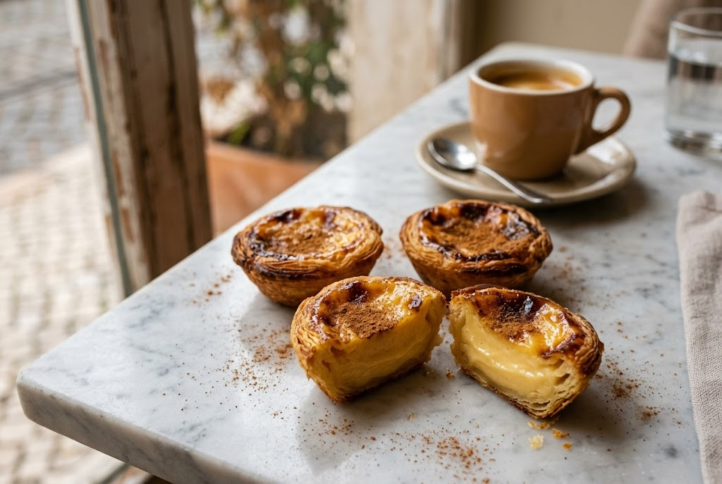 Pastéis de nata em mármore, com café ao lado