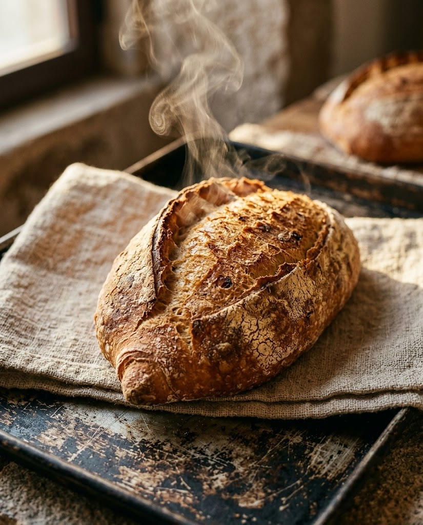 Pão bico de pato acabado de sair do forno, ainda a fumegar
